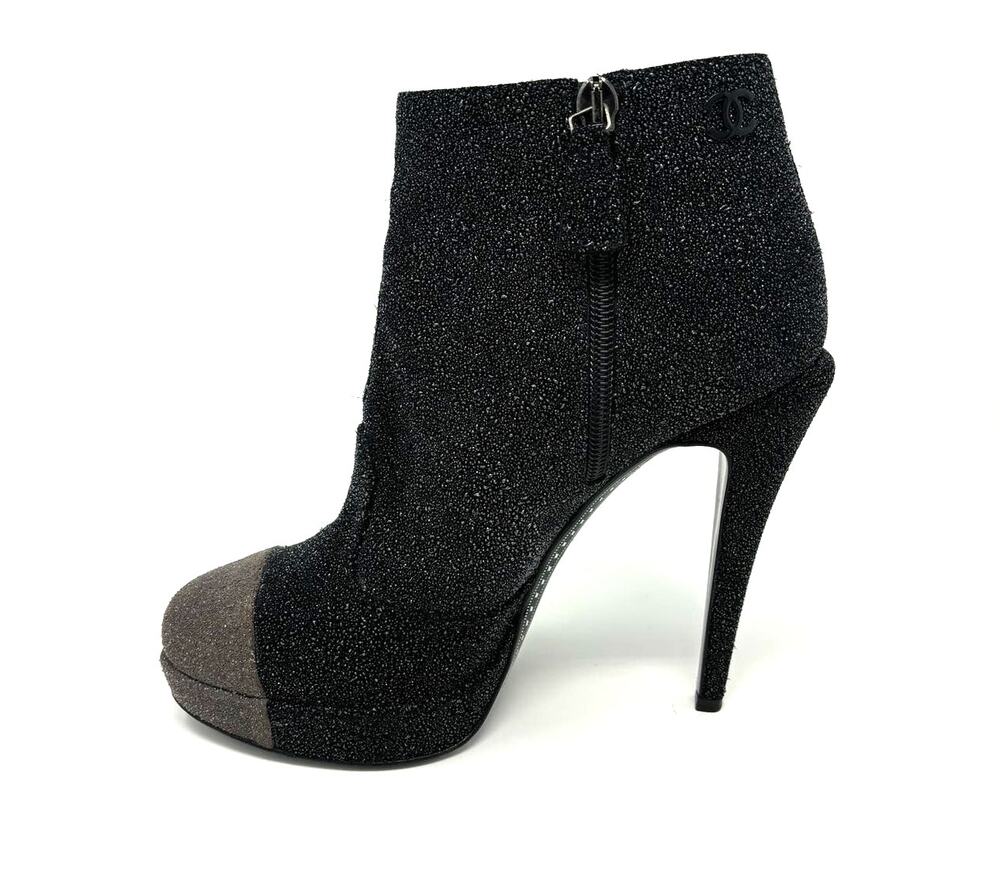 CHANEL Black Grey Glitter Leather Heel Booties Size 37 CC Logo